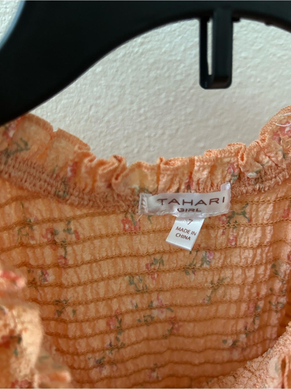 Tahari Girl Peach Floral Smocked Puff-Sleeve Dress - Picture 3 of 3